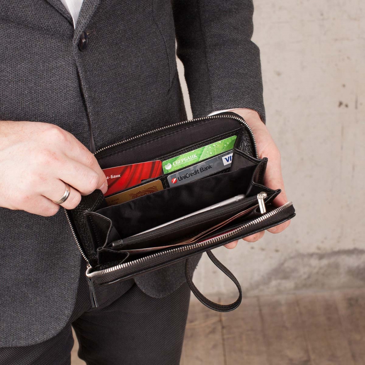 Кожаный мужской бизнес на молнии клатч Arnos Black