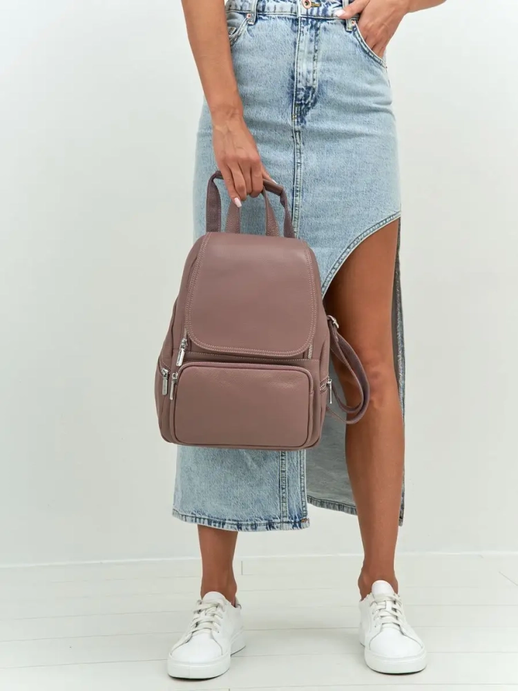 Женский кожаный городской рюкзак PR розовый 1029